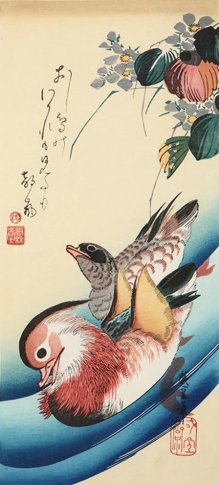 Bird and Flower painting “Mandarin Ducks in a Poud”